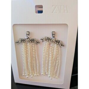 ZARA Earrings Women's Rhinestone Faux Pearl Waterfall Cascading Chandelier Glam